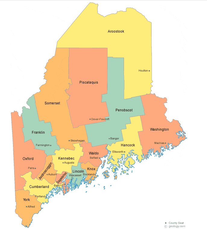 A map of Maine's 16 counties including Androscoggin County (southeast) where the Oc. 25, 2025 mass shooting took place at Schemengees Bar and a bowling alley known by locals as Sparetime Recreation that was recently renamed Just-In-Time Recreation, in Lewiston.