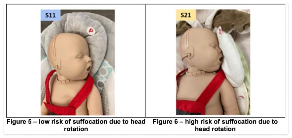 A figure illustrates the differentiation in risk between a child's head positions while sleeping in a rocker. (Consumer Product Safety Commission)