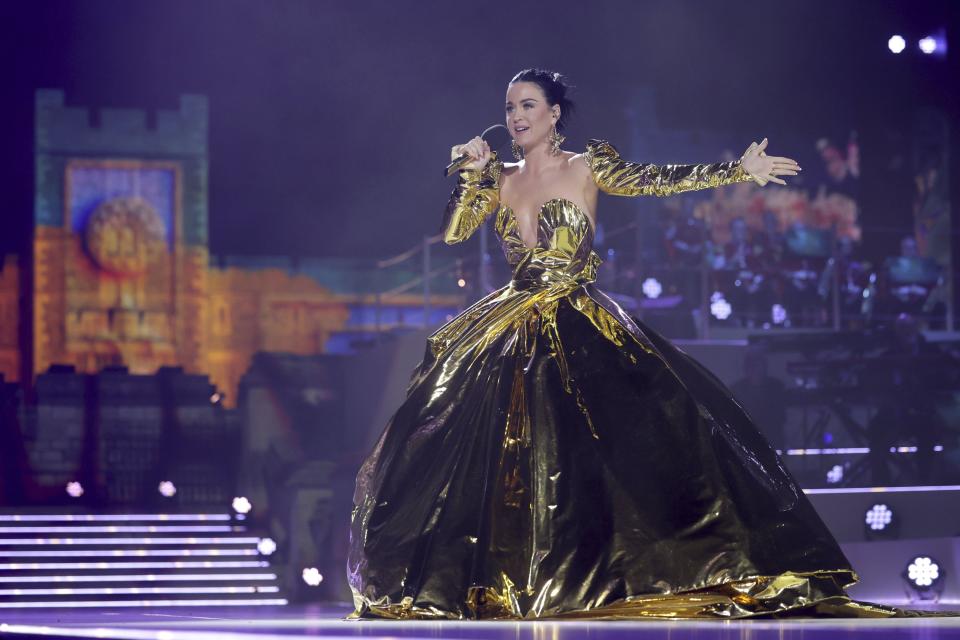 US singer Katy Perry performs on stage during a concert at Windsor Castle in Windsor, England, Sunday, May 7, 2023, celebrating the coronation of King Charles III. It's one of several events over a three-day weekend of celebrations. (Chris Jackson/Pool Photo via AP)