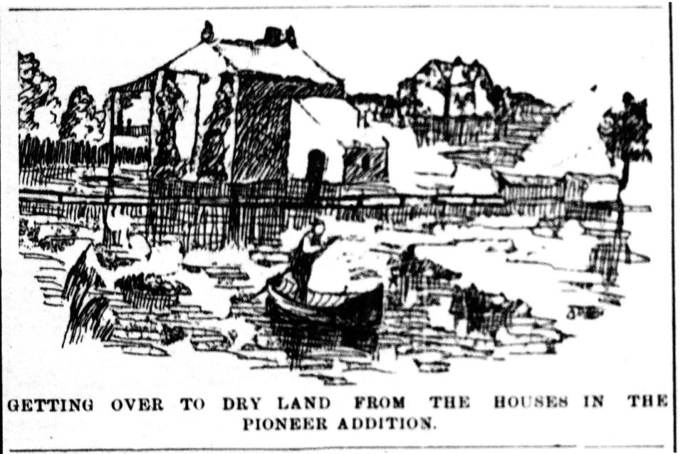 When a "Geat Downpour" fell (Daily Eagle July 24, 1896) the West Side was flooded. Not photographs, but drawings by an artist appeared in the newspaper to show the damage. This sketch showed "Getting oer to dry land from the houses in the Pioneer Addition."