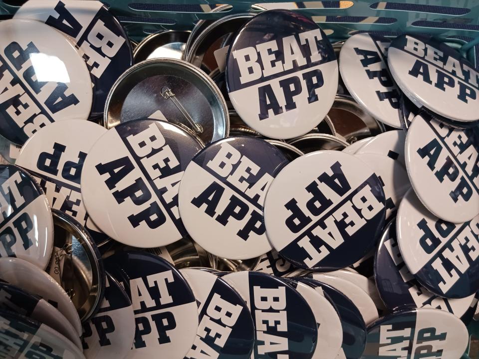 Southern Exchange Company in Statesboro is selling "Beat App" buttons for $3 this week.