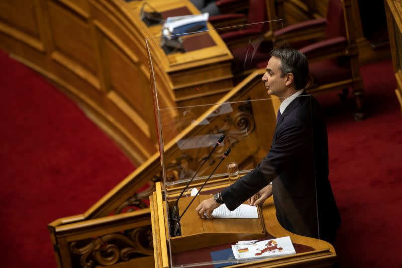 Greek PM Kyriakos Mitsotakis addresses lawmakers on his government's handling of the coronavirus disease (COVID-19) pandemic