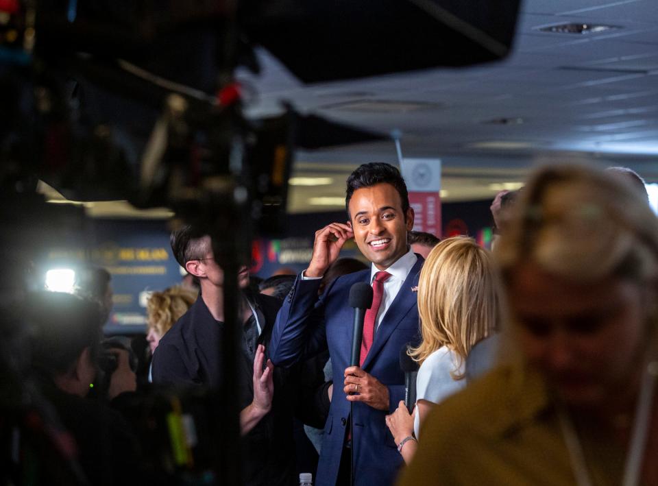 Entrepreneur presidential hopeful Vivek Ramaswamy smiles as he's interviewed by a cable network in the spin room after the Republican presidential debate at the Ronald Reagan Presidential Library in Simi Valley, Calif., Wednesday, Sept. 27, 2023.