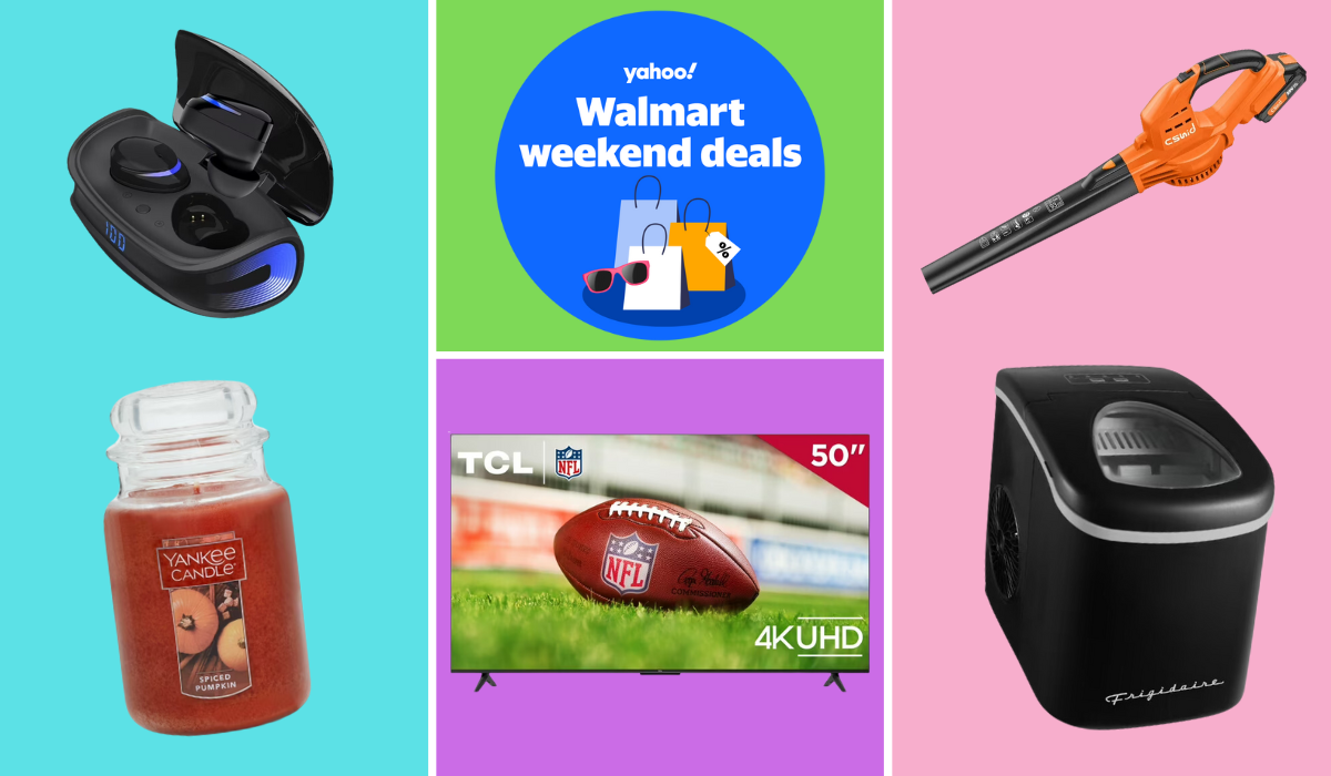 earbuds in case, Yankee Candle Spiced Pumpkin scent, TCL TV, leaf blower, Frigidaire ice maker beside badge reading Yahoo! Walmart weekend deals