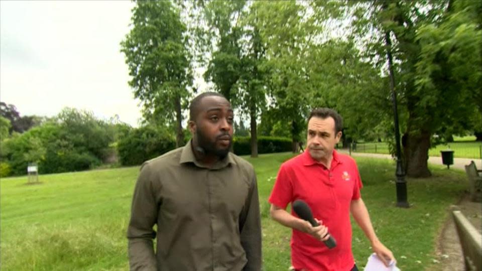 A gang member is confronted by an undercover BBC journalist about the Royal Mail scam (BBC)
