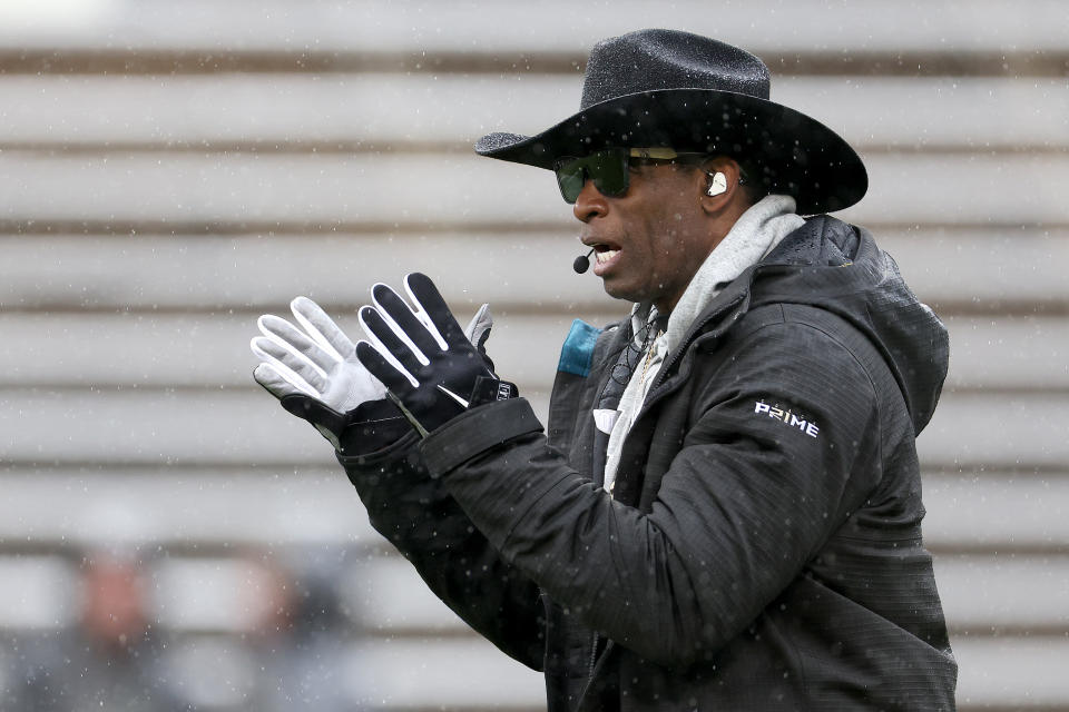 BOULDER, COLORADO - APRIL 27: Head coach Deion Sanders of the Colorado Buffaloes watches as his team plays their spring game at Folsom Field on April 27, 2024 in Boulder, Colorado. (Photo by Matthew Stockman/Getty Images)