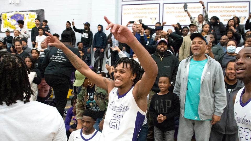 Camden's DJ Wagner celebrates during the final moments of the boys basketball game between Camden and Bishop Eustace played  at Camden High School on Thursday, February 9, 2023.  DJ Wagner scored his 2,000th career point during the game as Camden defeated Bishop Eustace, 90-52.  