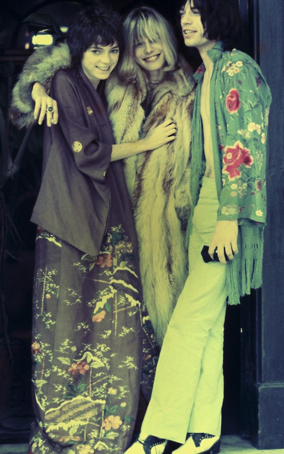 Michéle Breton, Anita Pallenberg and Mick Jagger on the set of 'Performance', 1968