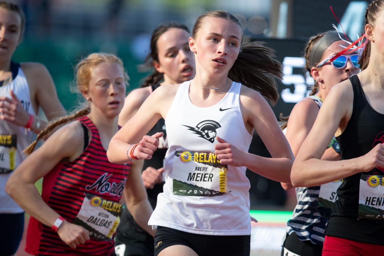 West Salem’s Avery Meier competes in the girls 2 mile during the Oregon Relays Friday, April 19, 2024, at Hayward Field in Eugene, Ore.