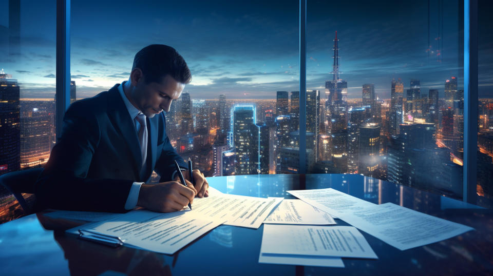 A man in a suit signing an agreement against a backdrop of towering skyscrapers, illustrating the distribution of products and solutions.