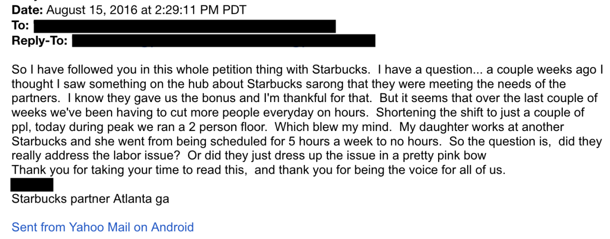 A letter from a Starbucks partner to  in response to the petition. (Courtesy of Jaimi_