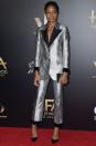 <p><strong>November 2016 </strong> Naomie Harris demonstrates how to make a statement with a metallic trouser suit. </p>