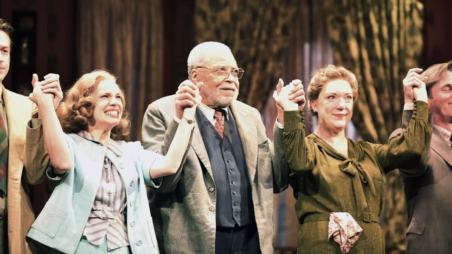 James Earl Jones stands hand-in-hand with the ensemble cast of "You Can't Take it With You."