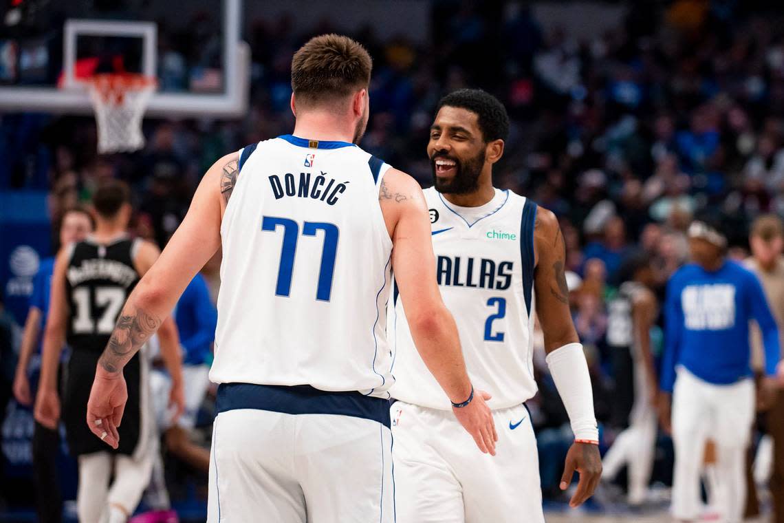 Kyrie Irving, right, was traded to the Dallas Mavericks earlier this year. Feb. 23, 2023. (AP Foto/Emil T. Lippe)