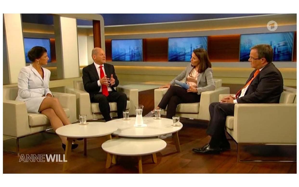 Sahra Wagenknecht, Olaf Scholz, Anne Will und Armin Laschet (von links) Foto: Screenshot ARD