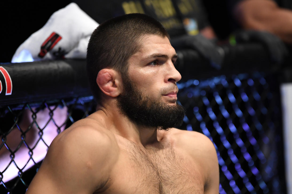 ABU DHABI, UNITED ARAB EMIRATES - OCTOBER 25:  Khabib Nurmagomedov of Russia stands in his corner prior to his lightweight title bout against Justin Gaethje during the UFC 254 event on October 25, 2020 on UFC Fight Island, Abu Dhabi, United Arab Emirates. (Photo by Josh Hedges/Zuffa LLC via Getty Images)