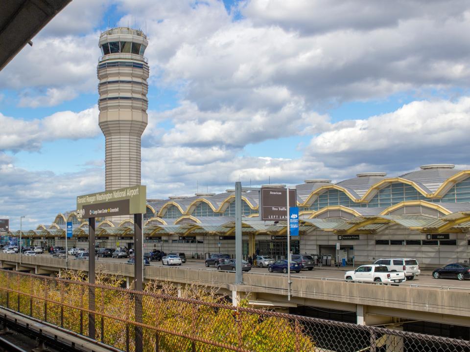 View of Ronald Reagan Washington National Airport from the Metro station in Washington, DC, USA.