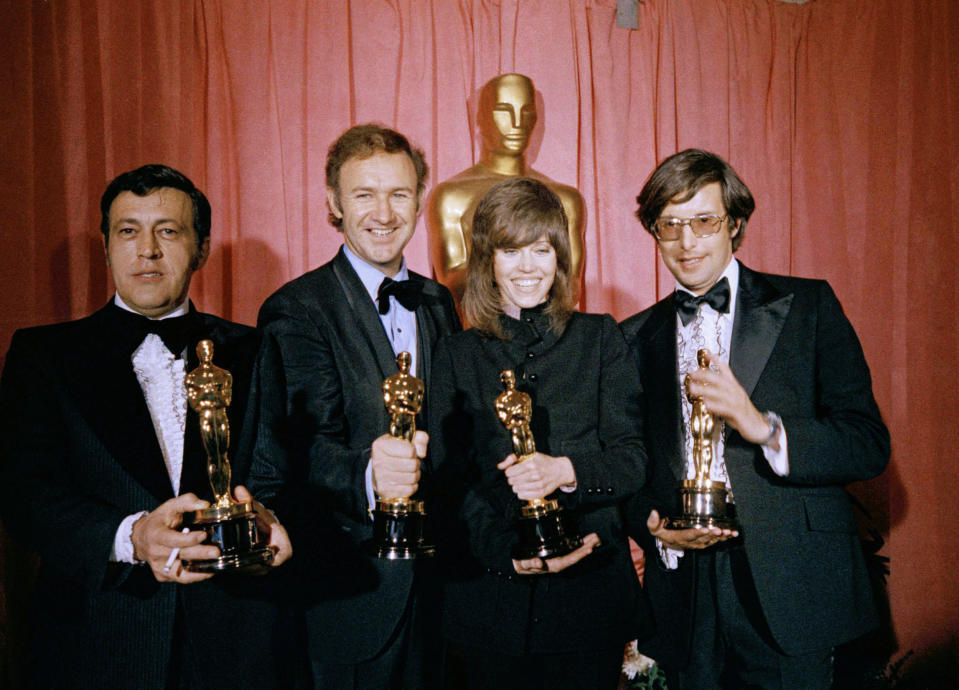 From left; Philip D'Antoni, Gene Hackman, Jane Fonda, and William Friedkin, winner of 