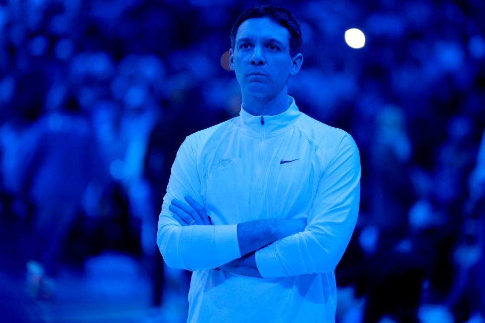 Oklahoma City coach Mark Daigneault is pictured before during an NBA basketball game between the Oklahoma City Thunder and the Los Angeles Clippers at Paycom Center in Oklahoma City, Thursday, Feb. 22, 2024. The Thunder won 129-107.