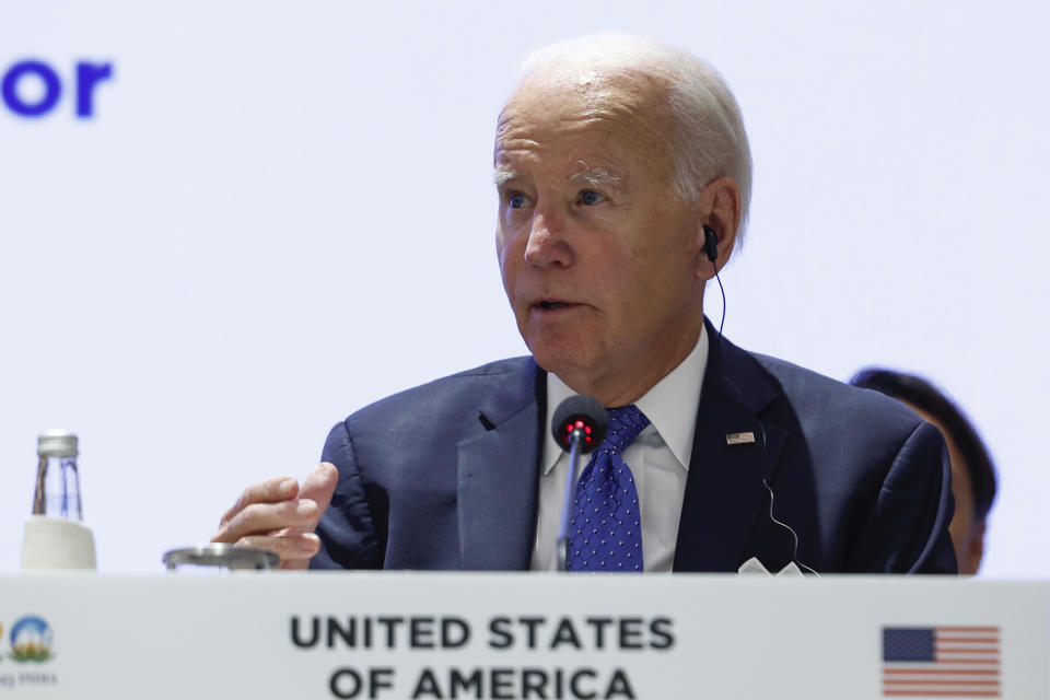 U.S. President Joe Biden attends Partnership for Global Infrastructure and Investment event on the day of the G20 summit in New Delhi, India, Sept. 9, 2023. (AP Photo/Evelyn Hockstein, Pool)
