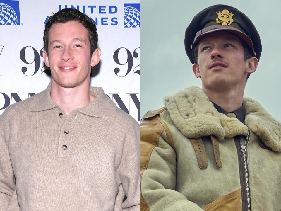 Callum Turner at a screening of "Masters of the Air" at 92NY in New York, and as Major John in the show.