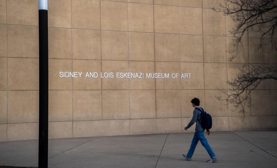 A student walks in front of the Eskenazi Museum of Art on the Indiana University campus on Friday, Feb. 9, 2024.