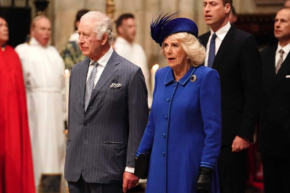 King Charles III (3L), Britain's Camilla, Queen Consort (C), Britain's Prince William, Prince of Wales (2R) and Britain's Prince Edward, Duke of Edinburgh attend the Commonwealth Day service ceremony, at Westminster Abbey