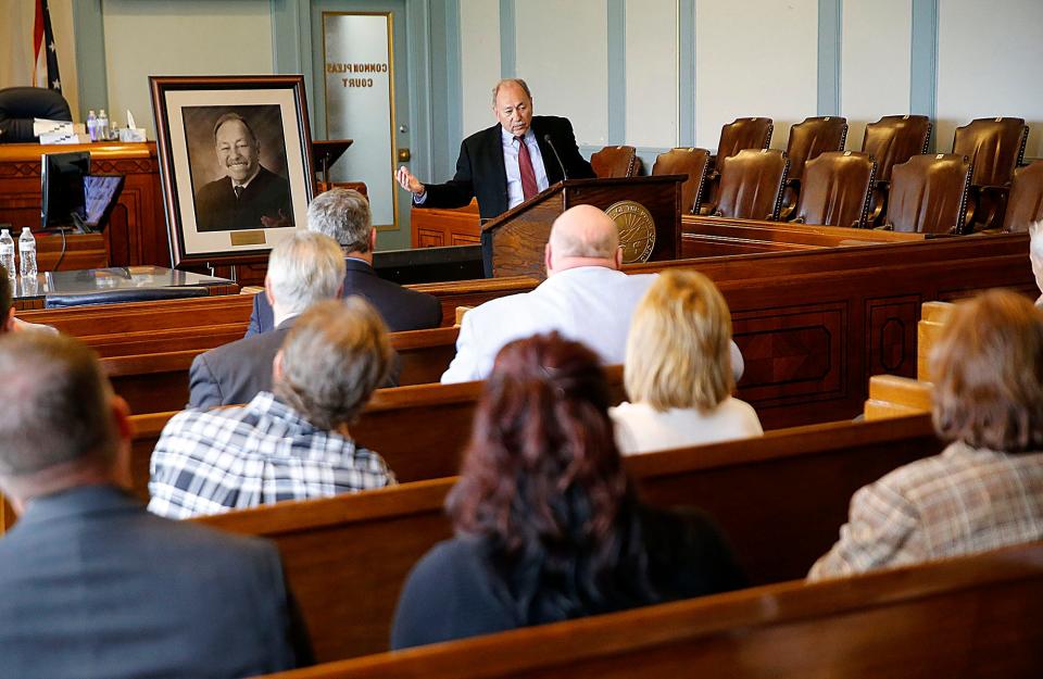 Judge Damian Vercillo speaks at the Ashland Bar Association's recognition for his retirement and unveiling of his portrait that will be hung on the wall of the courthouse on Monday, May 23, 2022. TOM E. PUSKAR/TIMES-GAZETTE.COM