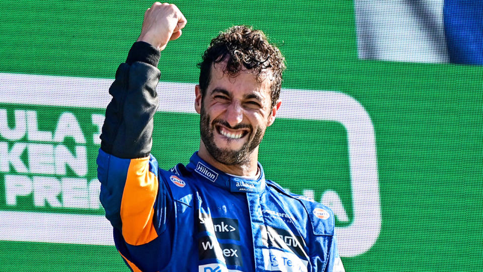 Daniel Ricciardo is pictured here celebrating his Italian GP triumph.