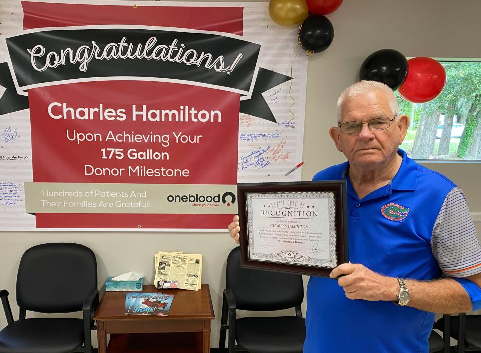 Charles Hamilton, 82, reached his 175-gallon milestone on Aug. 15 at the OneBlood Ocala Donor Center.