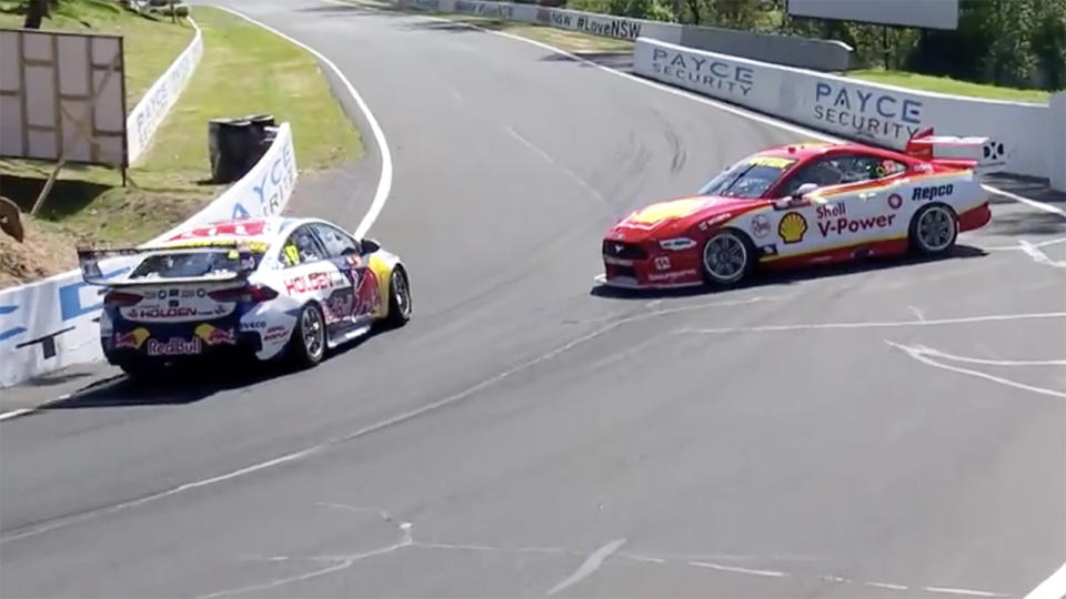 Shane van Gisbergen and Tim Slade, pictured here after colliding at Mount Panorama.