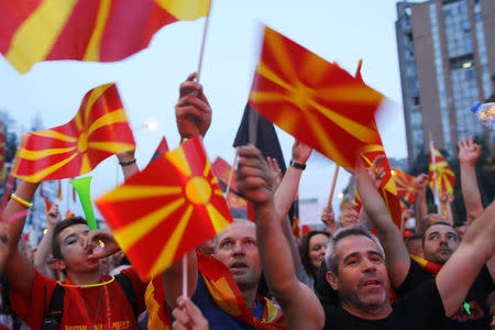 Supporters of opposition party VMRO-DPMNE take part in a protest over compromise solution in Macedonia's dispute with Greece over the country's name in Skopje, Macedonia, June 2, 2018. REUTERS/Ognen Teofilovski