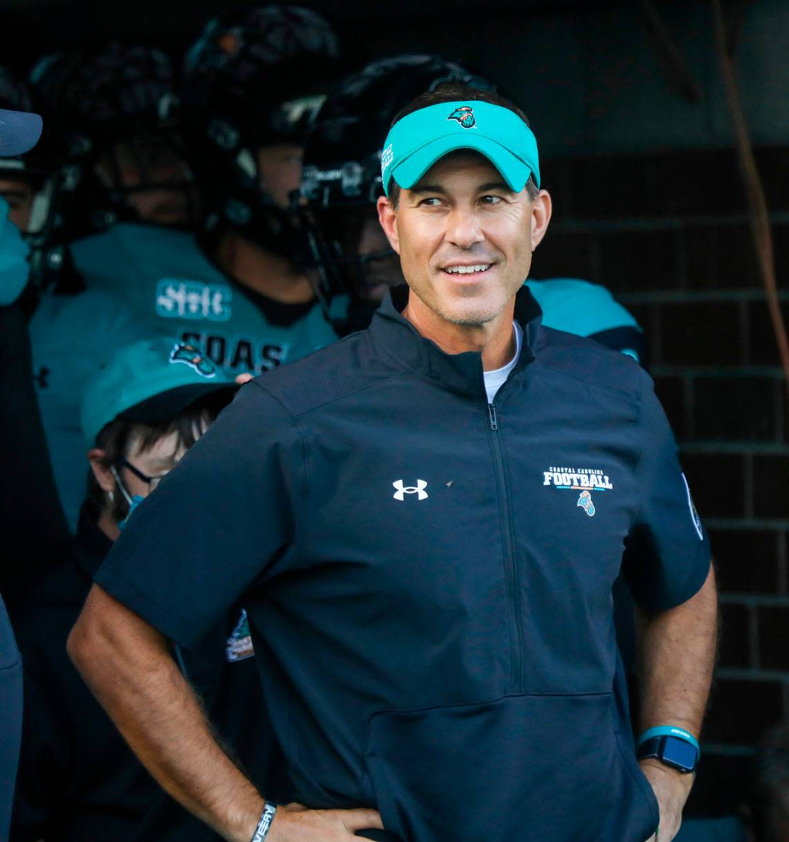 Coastal Coach Jamey Chadwell prepares to take his team on the field. Coastal Carolina University beat Army in the first game of the 2022 season at Brooks Stadium 38-28. A record crowd of 21,165 attended the game. Sept. 3, 2022.