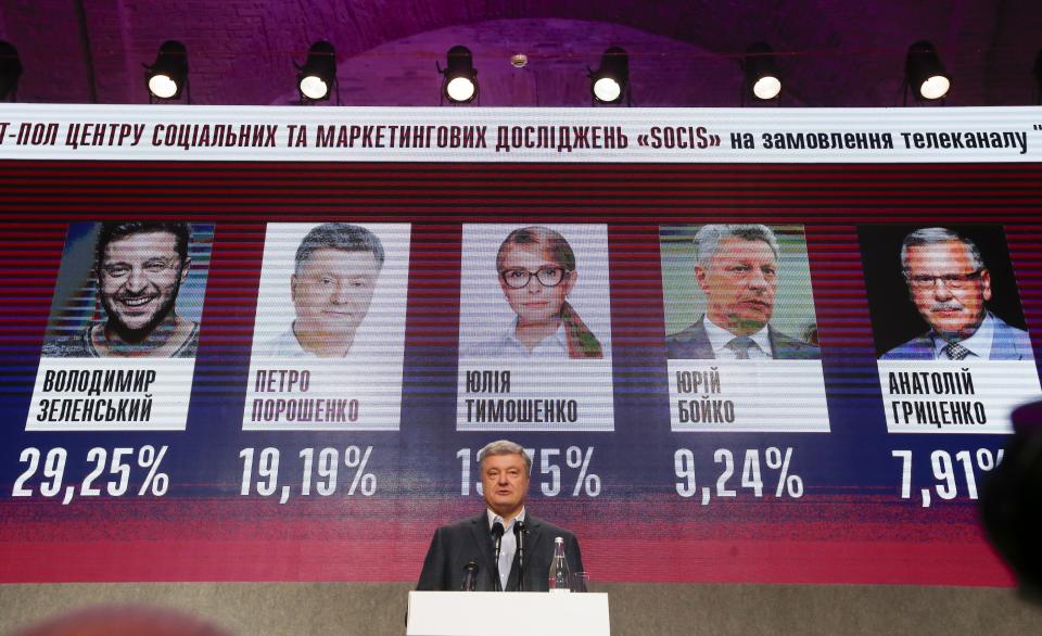 Ukrainian President Petro Poroshenko speaks at his headquarters after the presidential election in Kiev, Ukraine, Sunday, March 31, 2019. The exit poll released Sunday after voting stations closed indicated that Zelenskiy received about 30.4 percent of the nationwide vote, followed by incumbent President Petro Poroshenko with 17.8 percent and former Prime Minister Yulia Tymoshenko with 14.2 percent support. (AP Photo/Efrem Lukatsky)