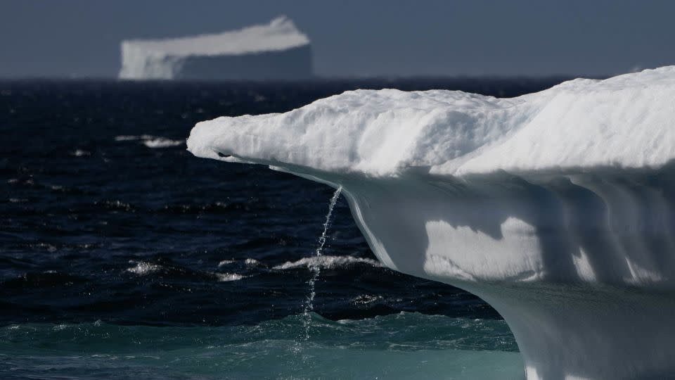 Flowing water from melting ice in Scoresby Fjord, Greenland, in August 12, 2023. - Olivier Morin/AFP/Getty Images