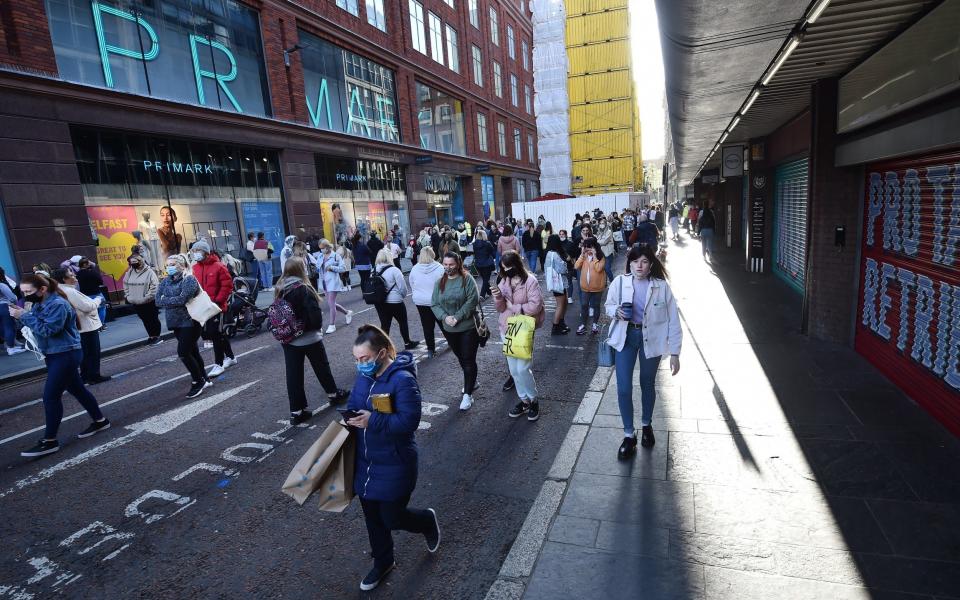 Thousands of shoppers wait for Primark to open for the first time since the latest lockdown on April 30, 2021 in Belfast, Northern Ireland - Charles McQuillan/Getty Images