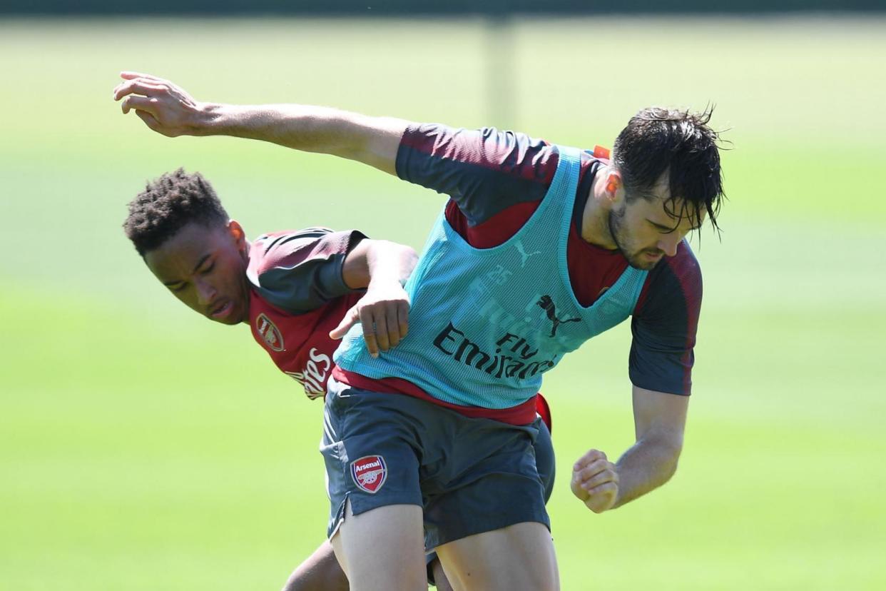 Bramall and Jenkinson in pre-season training for Arsenal: Arsenal FC via Getty Images