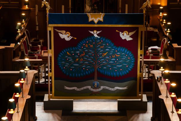 The anointing screen, which will be used in the coronation of King Charles III, as it stands in the Chapel Royal at St. James's Palace in London on April 24.