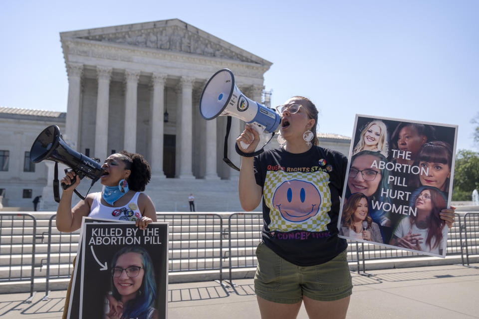 Anti-abortion protestors demonstrate outside the Supreme Court on Thursday, June 13, 2024, in Washington. The Supreme Court on Thursday unanimously preserved access to a medication that was used in nearly two-thirds of all abortions in the U.S. last year, in the court's first abortion decision since conservative justices overturned Roe v. Wade two years ago. (AP Photo/Mark Schiefelbein)