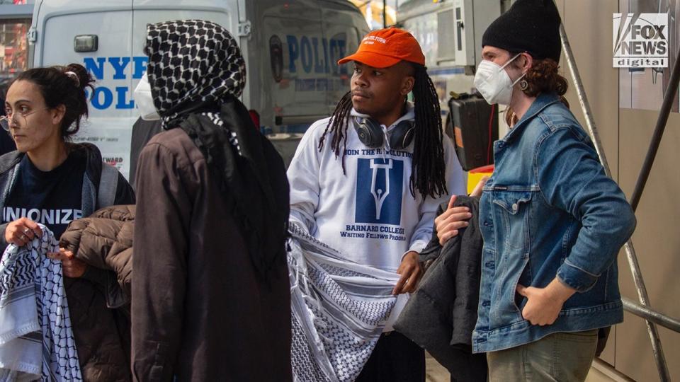 Anti-Israel agitators block bystanders’ views as protesters are placed into the back of a police vehicle