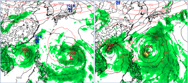 最新(23日20時)歐洲(ECMWF)模式模擬，中秋連假〔29日20時(左圖)及1日20時(右圖)〕天氣圖顯示，南海及菲律賓東方海面各有熱帶擾動發展，台灣被夾在中間；北部海面有雨區，伴隨熱帶擾動向台灣輸送的水氣。(圖擷自tropical tidbits)

