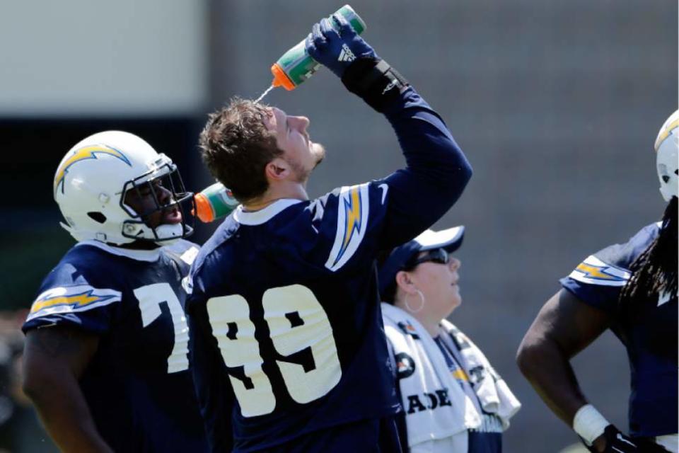 Chargers rookie DE Joey Bosa, cools off during mini camp earlier this off-season - photo credit - unknown 2016