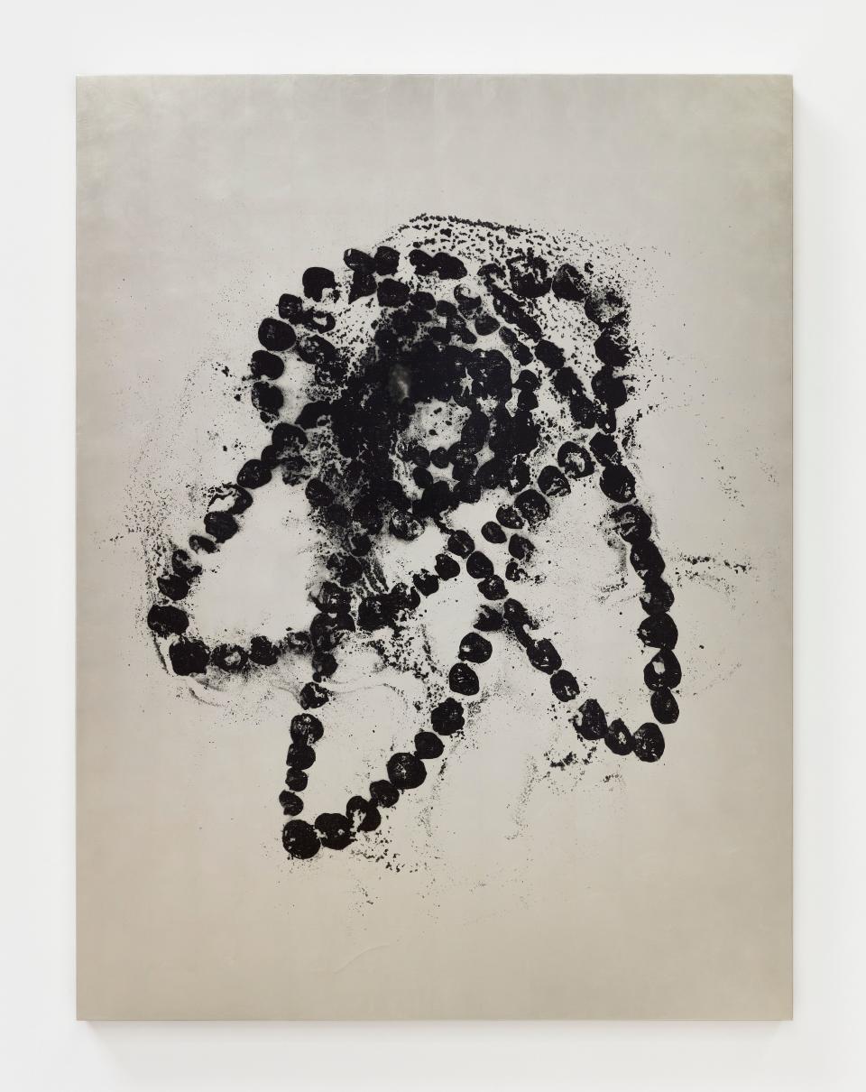 Kiku Chrysanteme, 2020. Painting on canvas, black ink on white gold leaf. - Credit: Photo courtesy of Claire Dorn