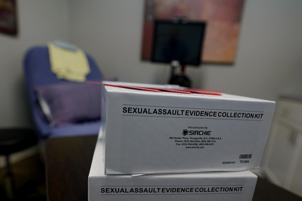 A Sexual Assault Evidence Collection Kit, or Rape Kit, rests on a table in an examination room, Wednesday, Aug. 31, 2022, in Austin, Texas. After a Texas law banning abortions past about six weeks, even in cases of rape or incest, went into effect a year ago, Gov. Greg Abbott said the state would strive to "eliminate all rapists from the streets." (AP Photo/Eric Gay)