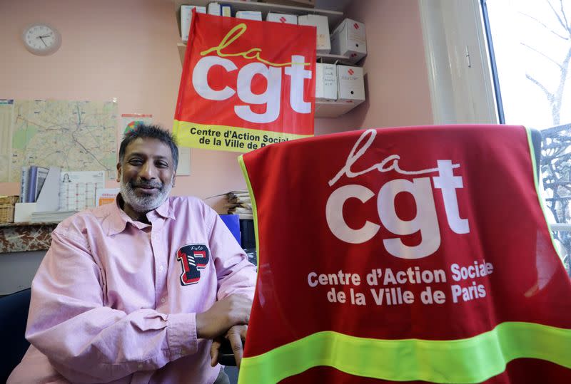 Patrick Martine poses at one of his CGT trade union's branch offices in Paris