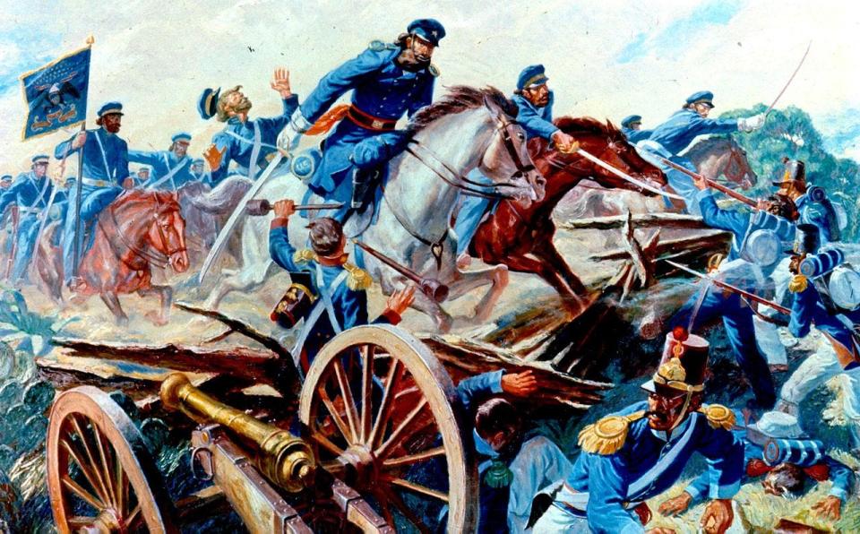 This is the painting "Remember your Regiment," part of the U.S. Army in Action series. It depicts Resaca de la Palma, Texas, on May 9, 1846. Here, Capt. Charles A. May's squadron of the 2nd Dragoons (now the 2nd Armored Cavalry Regiment) broke through the enemy lines in an attack that climaxed the opening campaigns of the Mexican War. May’s orders: "Remember your regiment and follow your officers."