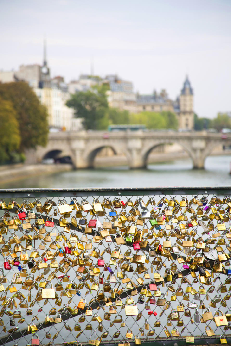 Padlocks attached to a bridge's fence with blurred Paris cityscape and bridge in the background