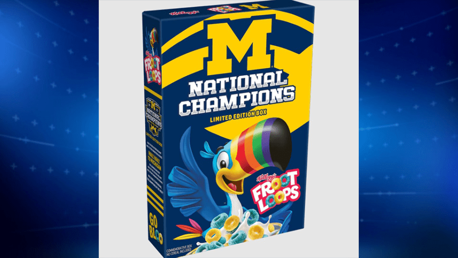 A front view of the limited edition box, showing Toucan Sam giving a thumbs up along with Michigan's Block M, a winged helmet design and "National Champions" in big block letters.