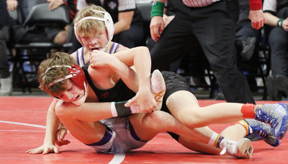 Eighth-grader Gage Lohr of Watertown recorded a 5-2 win over Brandon Valley's Brendon Oehme during the 106-pound Class A championship match on Friday, Feb. 24, 2023 in the South Dakota State Wrestling Championships at Rapid City.