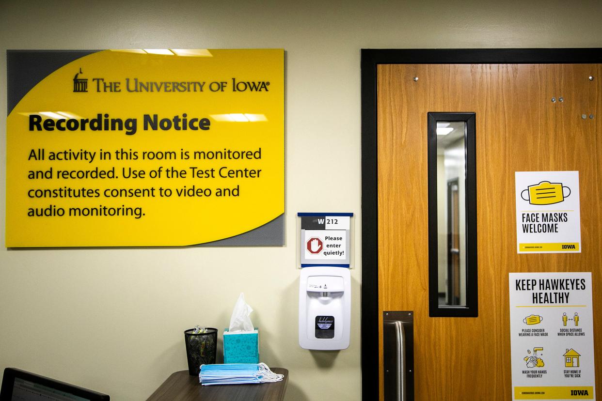 A sign lists a recording notice at the North Campus Test Center last week in the Chemistry Building on the University of Iowa campus in Iowa City. The test center was filled in the spring semester with students seeking an accommodation when taking exams.